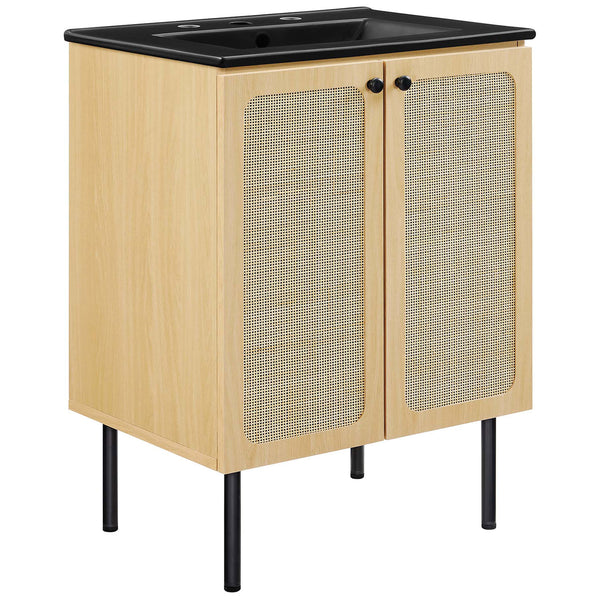24-inch oak vanity with rattan doors, sleek black ceramic sink, and slim metal legs. || EEI-6694-OAK-BLK || front_angle_studio