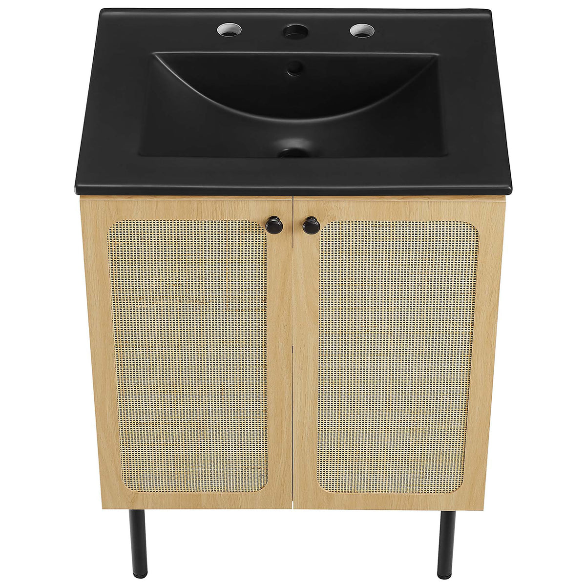 Generous sink deck and rattan doors showcase texture and contrast in compact form. || EEI-6694-OAK-BLK || top_angle_studio