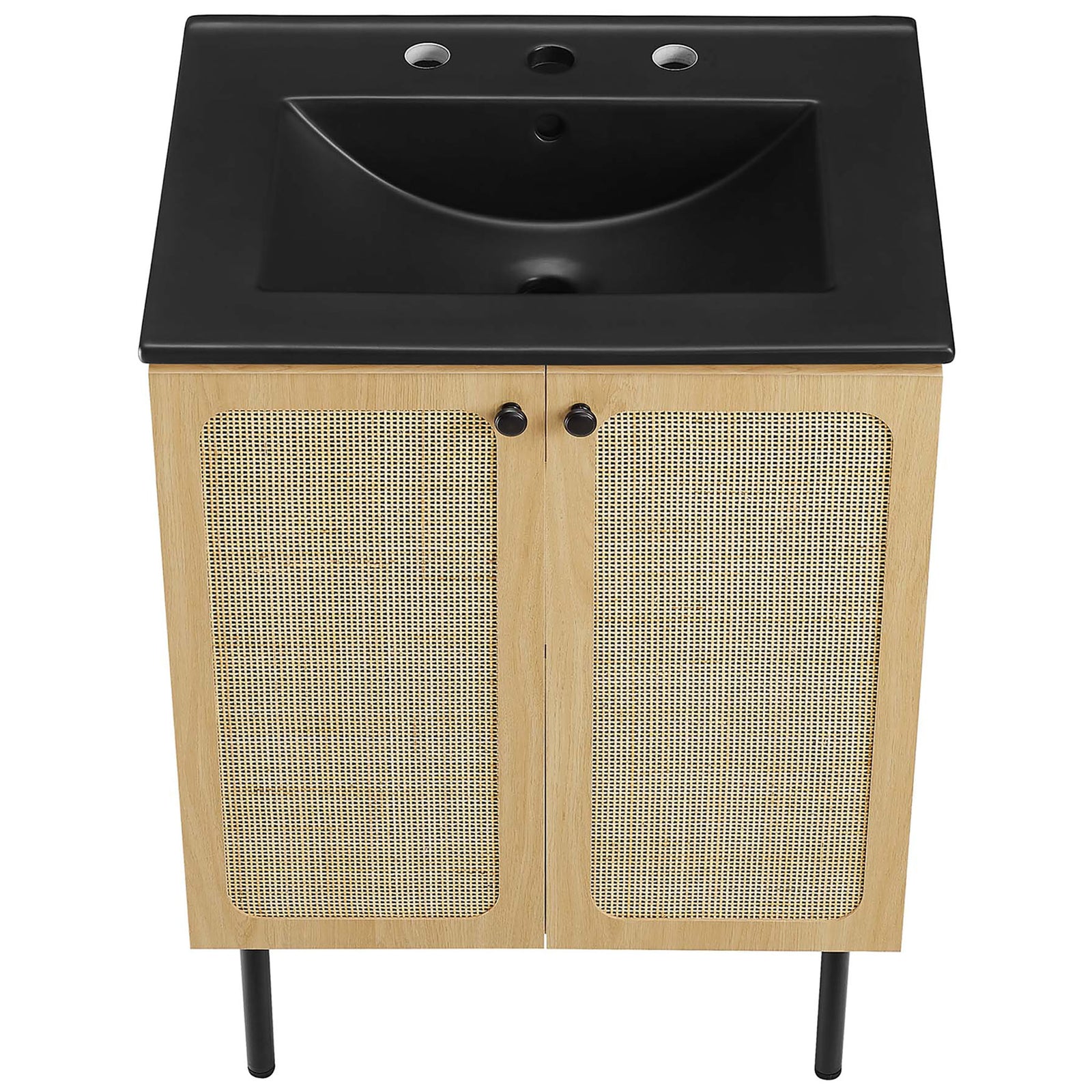 Generous sink deck and rattan doors showcase texture and contrast in compact form. || EEI-6694-OAK-BLK || top_angle_studio
