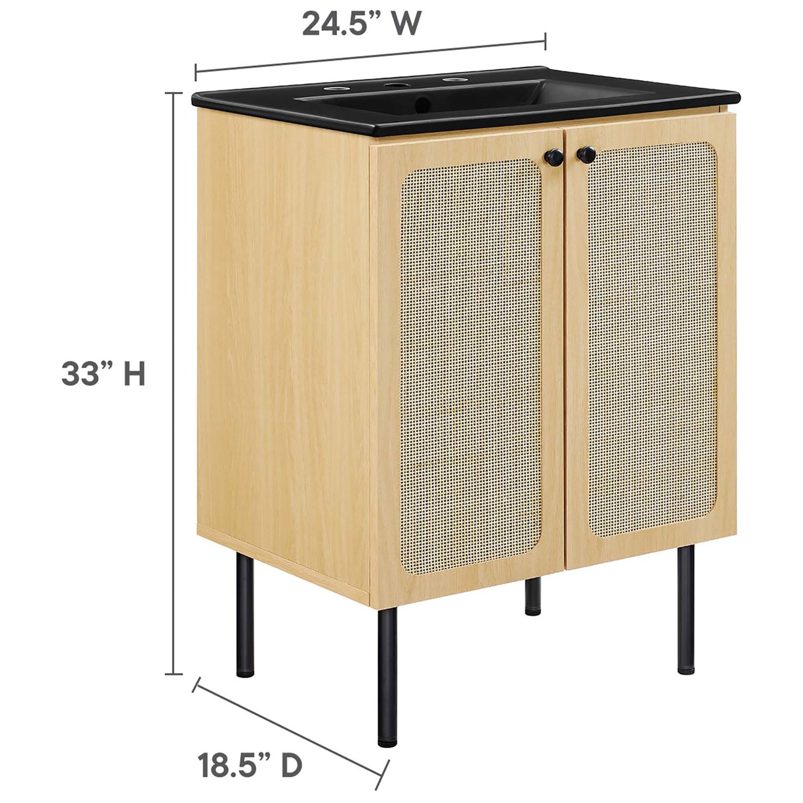 Compact footprint delivers storage and style ideal for powder rooms. || EEI-6694-OAK-BLK || dimension_studio