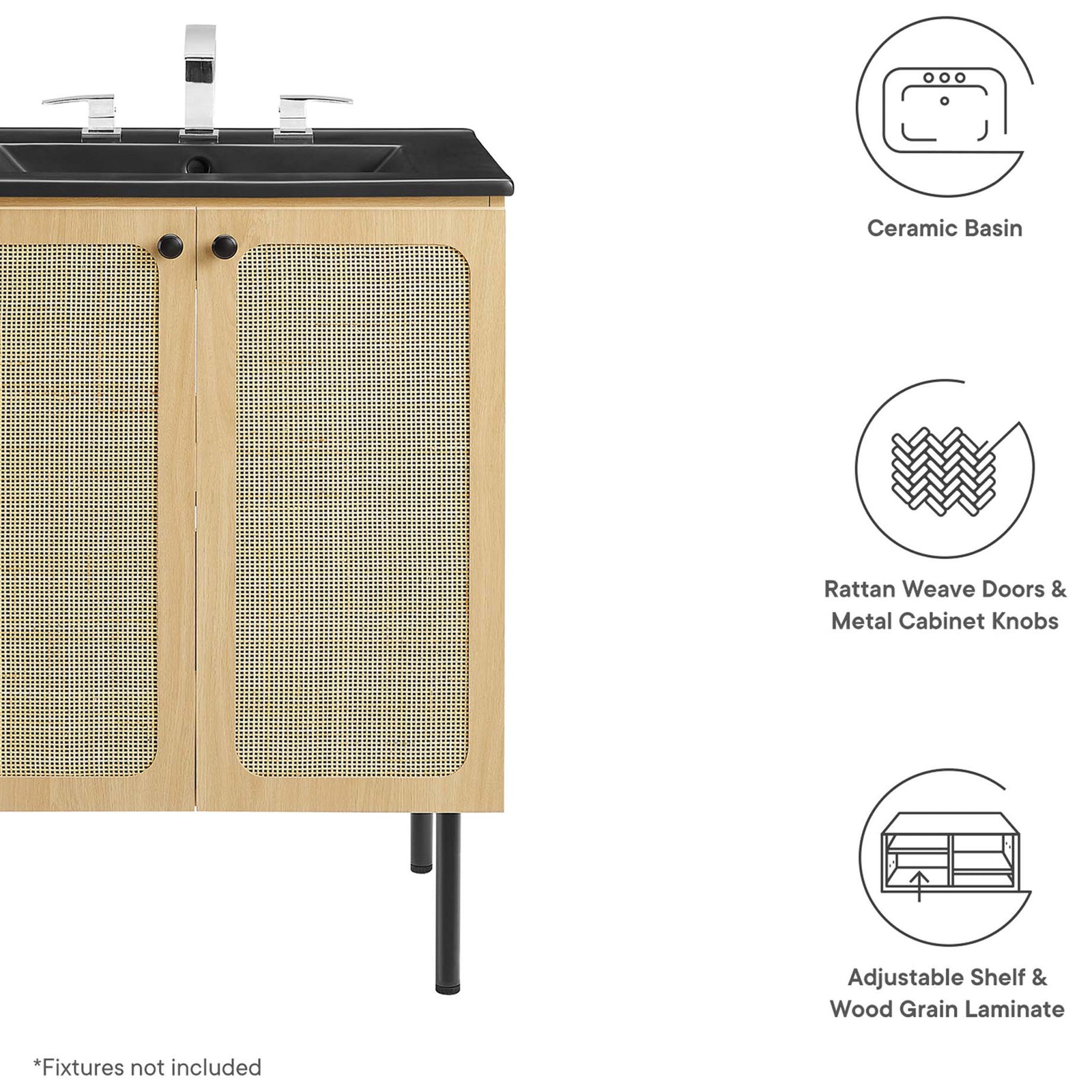 Ceramic basin, rattan doors, and adjustable shelf highlighted for everyday convenience. || EEI-6694-OAK-BLK || callout_studio