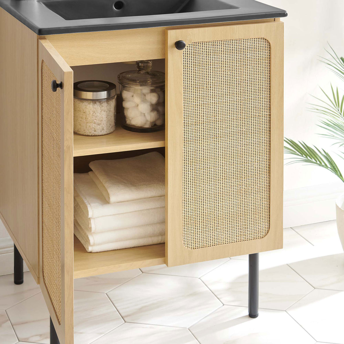 Room-ready storage with adjustable shelf keeps towels and essentials neatly organized. || EEI-6694-OAK-BLK || storage_open_room