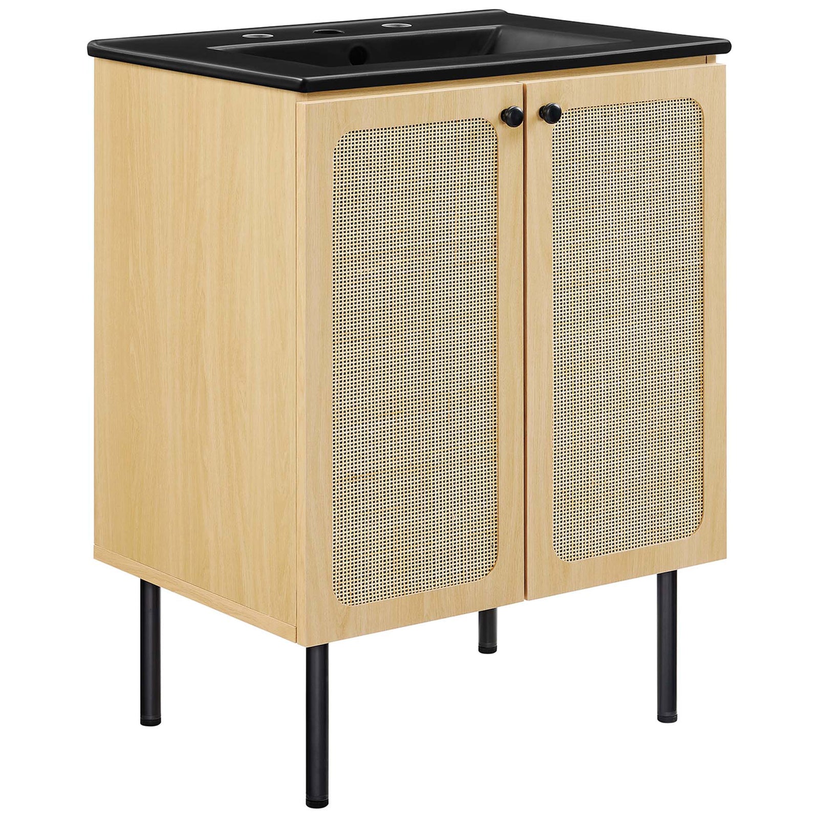 24-inch oak vanity with rattan doors, sleek black ceramic sink, and slim metal legs. || EEI-6694-OAK-BLK || front_angle_studio