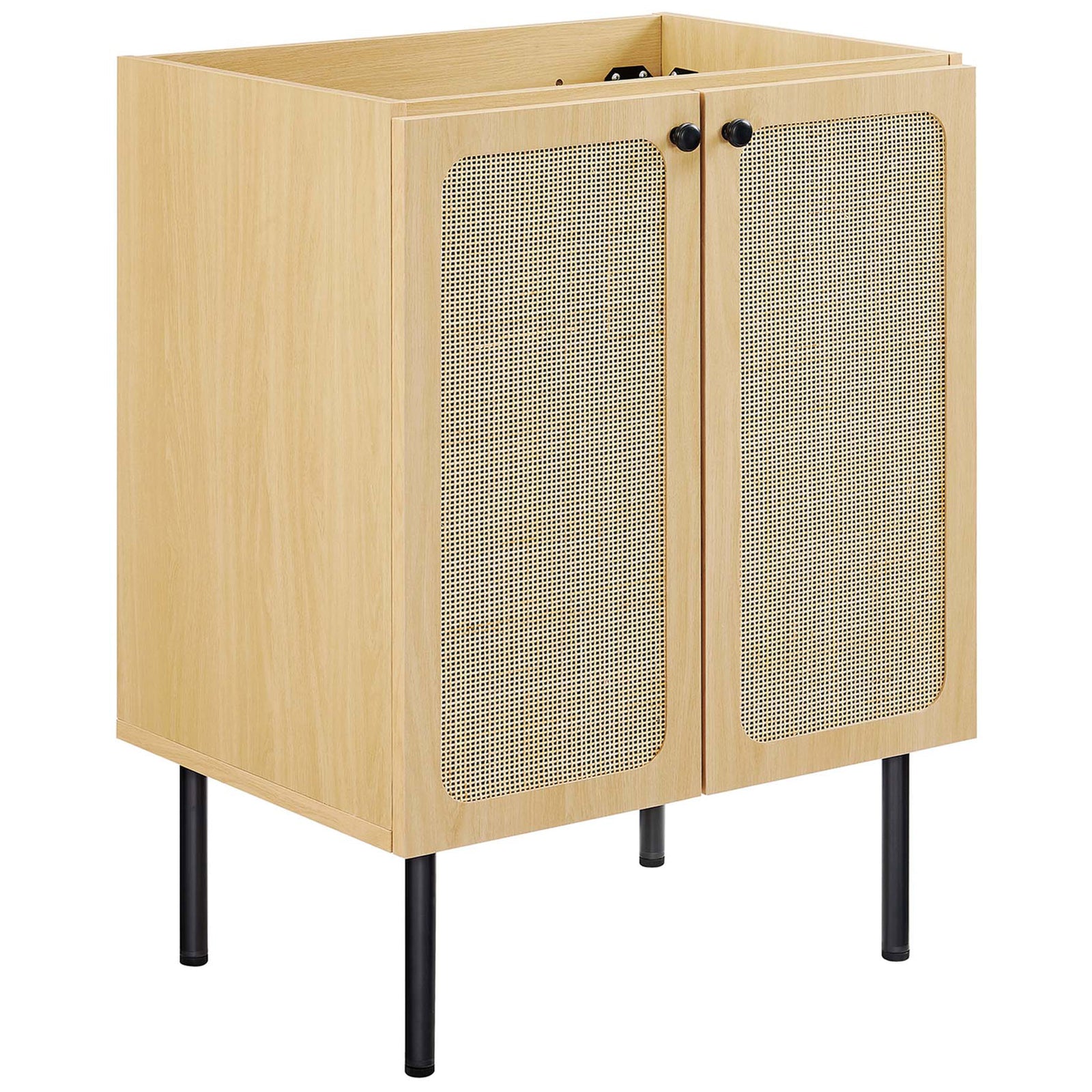 Rattan-front oak vanity cabinet with round black knobs and adjustable shelf. || EEI-6694-OAK-BLK || front_angle_partial_studio