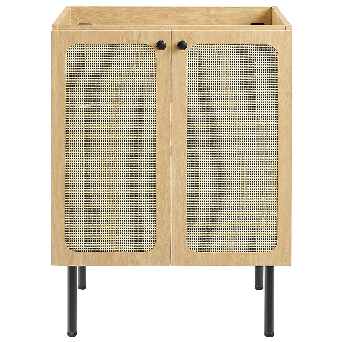 Clean-lined double-door cabinet in oak with woven rattan panels and matte black hardware. || EEI-6694-OAK-BLK || front_partial_studio