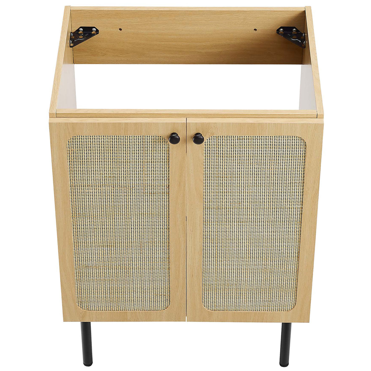 Open-top vanity cabinet ready for sink installation with sturdy interior shelf. || EEI-6694-OAK-BLK || top_angle_partial_studio