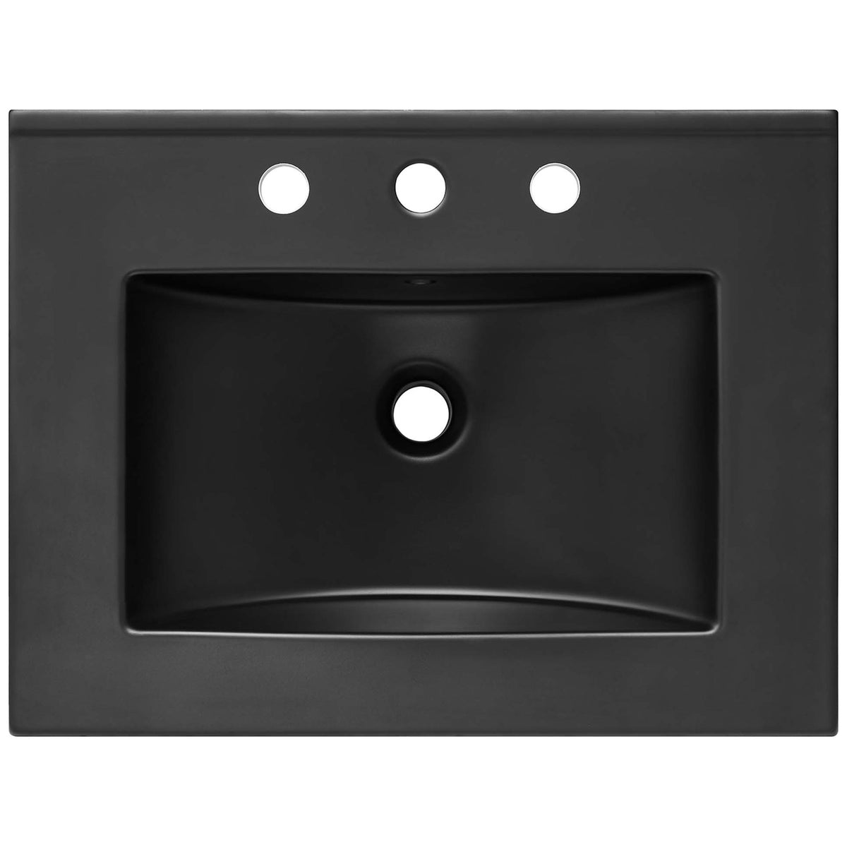 Spacious rectangular basin with predrilled triple holes and smooth black finish. || EEI-6694-OAK-BLK || top_partial_studio
