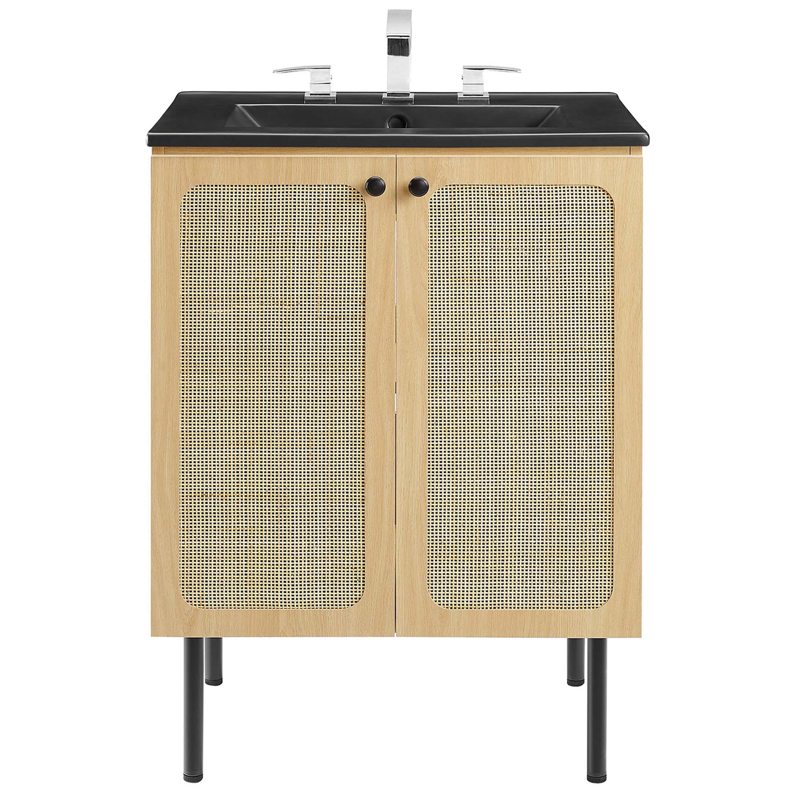 Cane-style doors and black sink create a striking 24-inch vanity focal point. || EEI-6694-OAK-BLK || front_studio