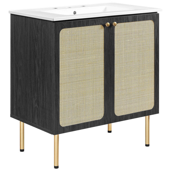 Roomy 30 inch vanity pairs rattan doors with a white basin and gold hardware || EEI-6695-BLK-WHI || front_angle_studio