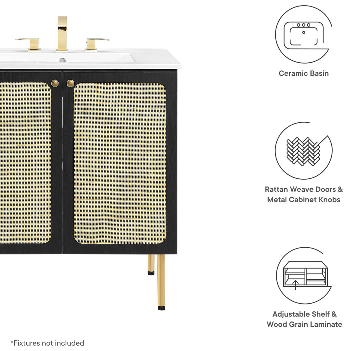 Icon highlights: ceramic basin, rattan doors, and adjustable shelf || EEI-6695-BLK-WHI || callout_studio