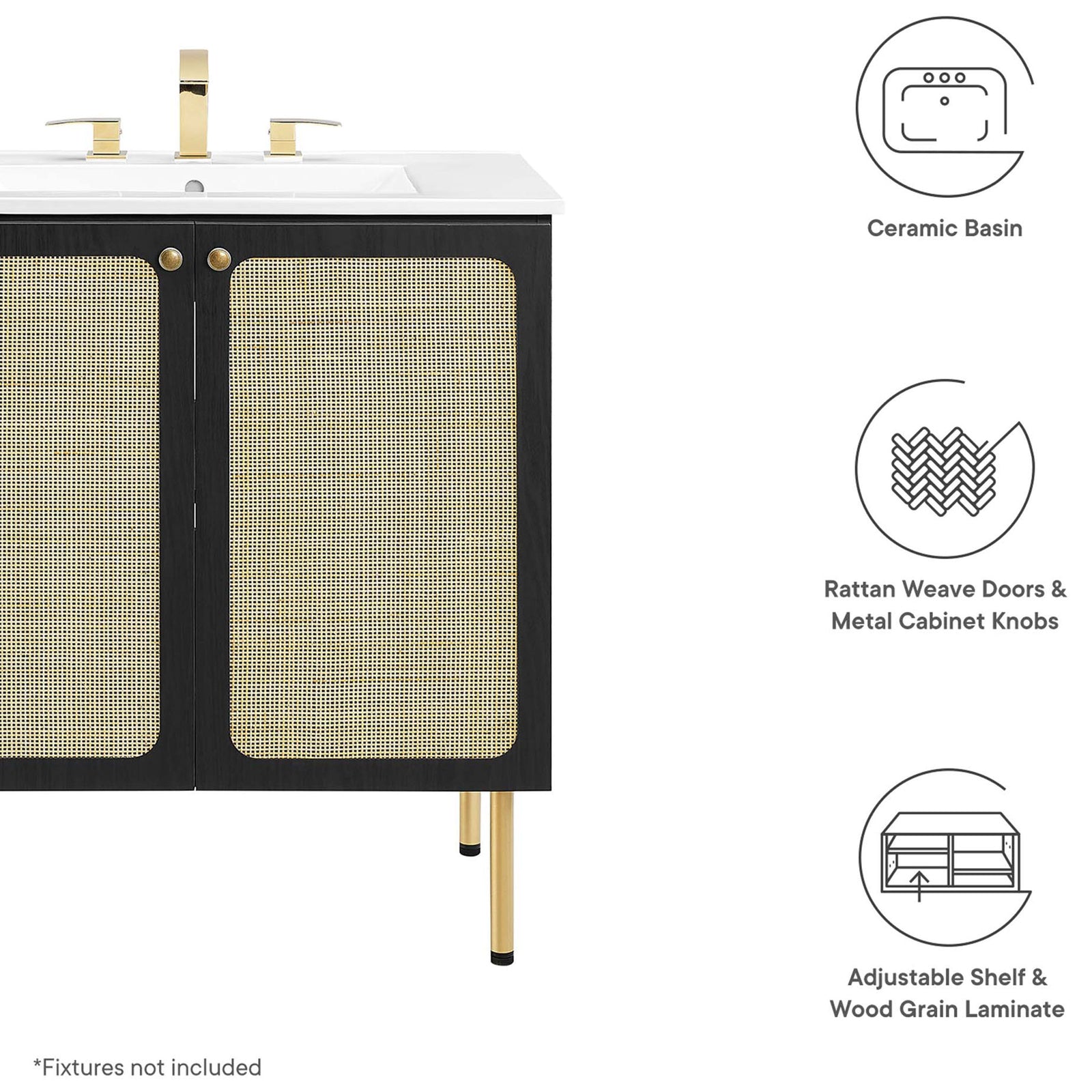 Icon highlights: ceramic basin, rattan doors, and adjustable shelf || EEI-6695-BLK-WHI || callout_studio