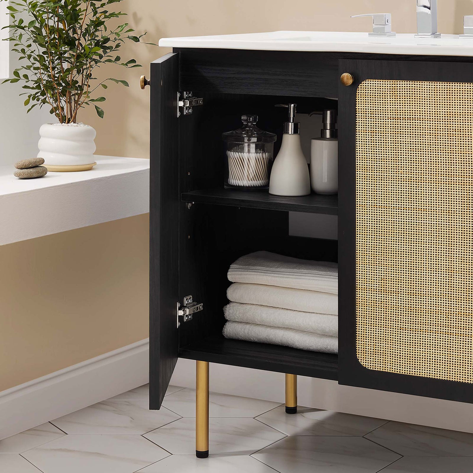 Open doors reveal adjustable storage for bath essentials || EEI-6695-BLK-WHI || storage_open_room