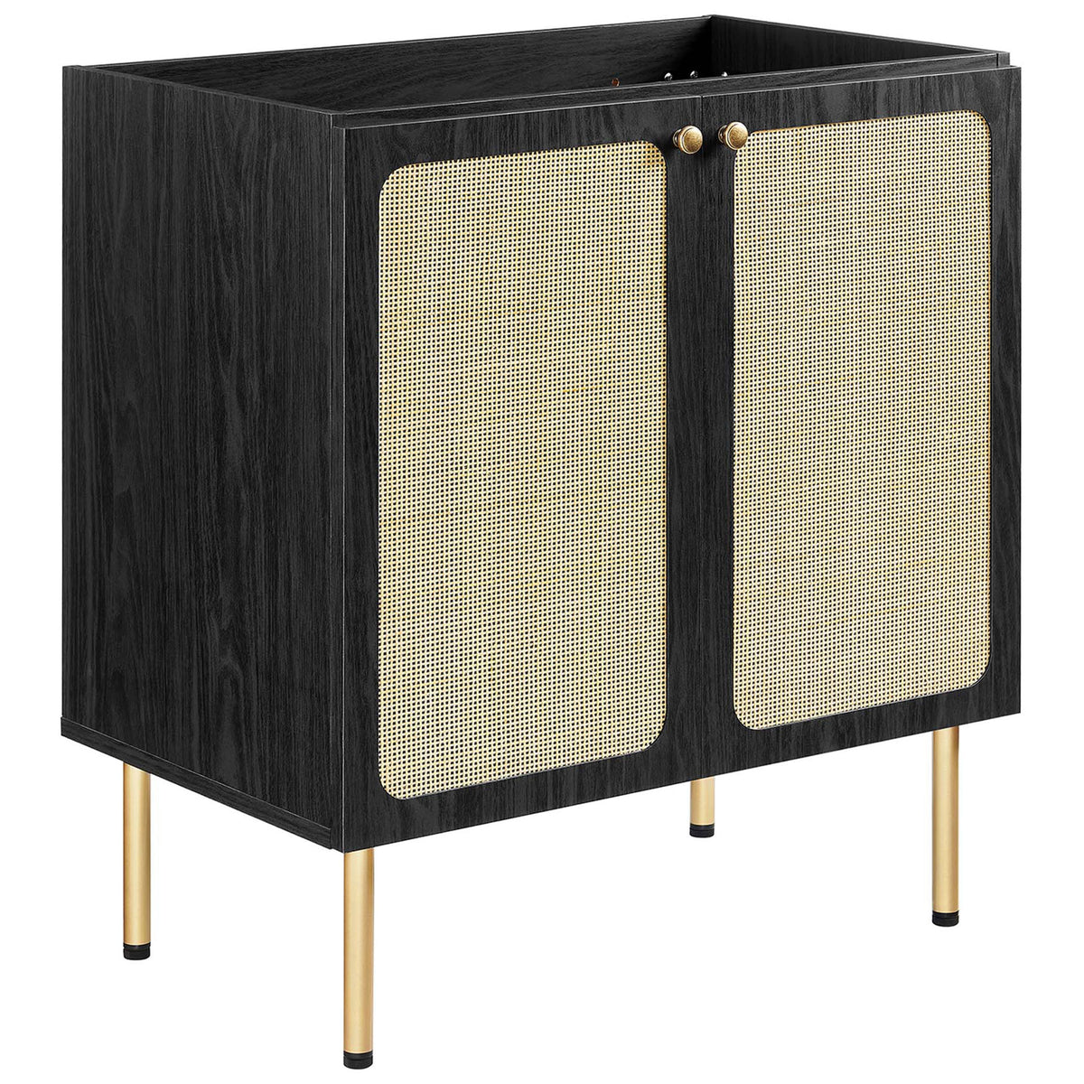 Textural rattan doors brighten the bold black cabinet base || EEI-6695-BLK-WHI || front_angle_partial_studio