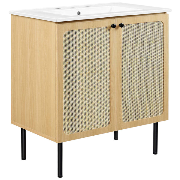 Breezy oak vanity with rattan doors, round black knobs, and integrated ceramic sink || EEI-6695-OAK-WHI || front_angle_studio