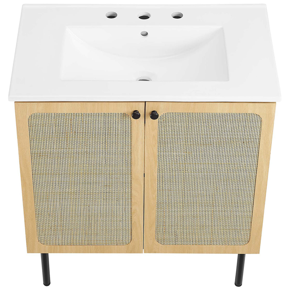 Smooth ceramic counter with gently sloped basin crowns the rattan-front vanity || EEI-6695-OAK-WHI || top_angle_studio