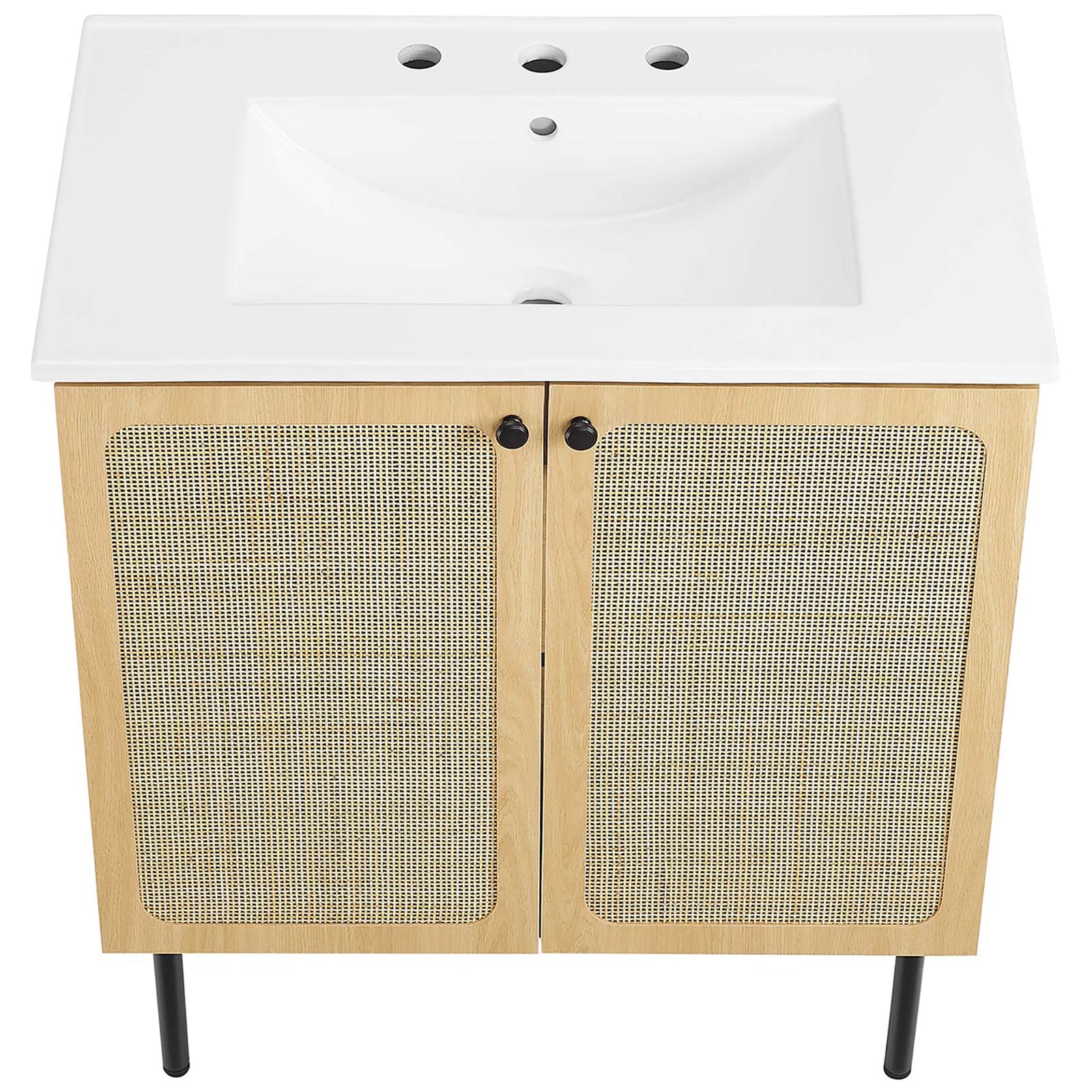 Smooth ceramic counter with gently sloped basin crowns the rattan-front vanity || EEI-6695-OAK-WHI || top_angle_studio