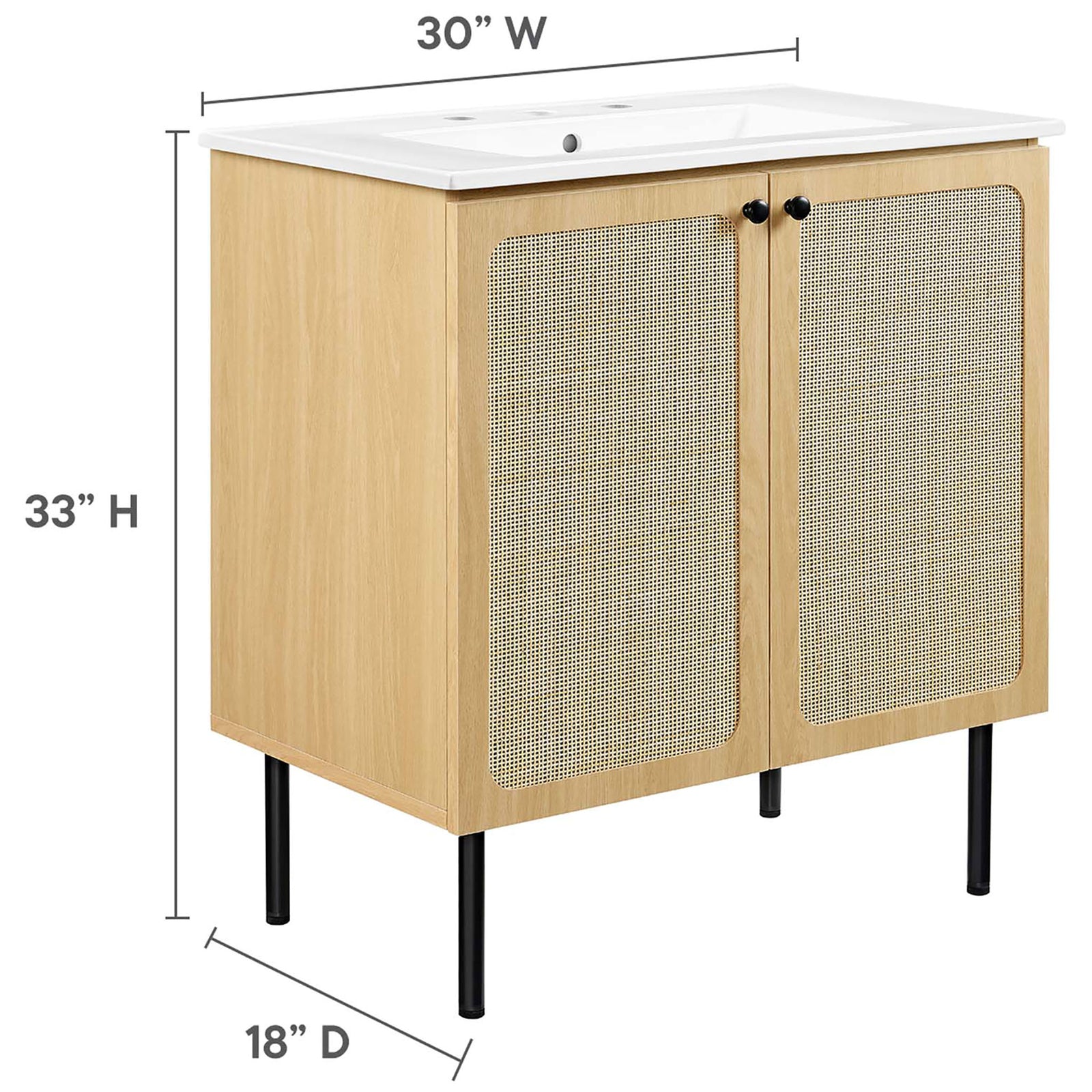 Dimensions for the 30 inch vanity: 30 W x 18 D x 33 H inches || EEI-6695-OAK-WHI || dimension_studio