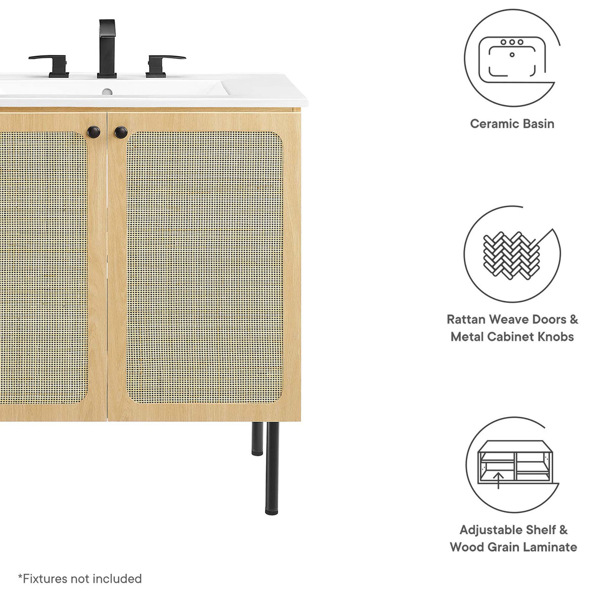 Feature icons outline ceramic basin, rattan weave doors, and adjustable shelf || EEI-6695-OAK-WHI || callout_studio