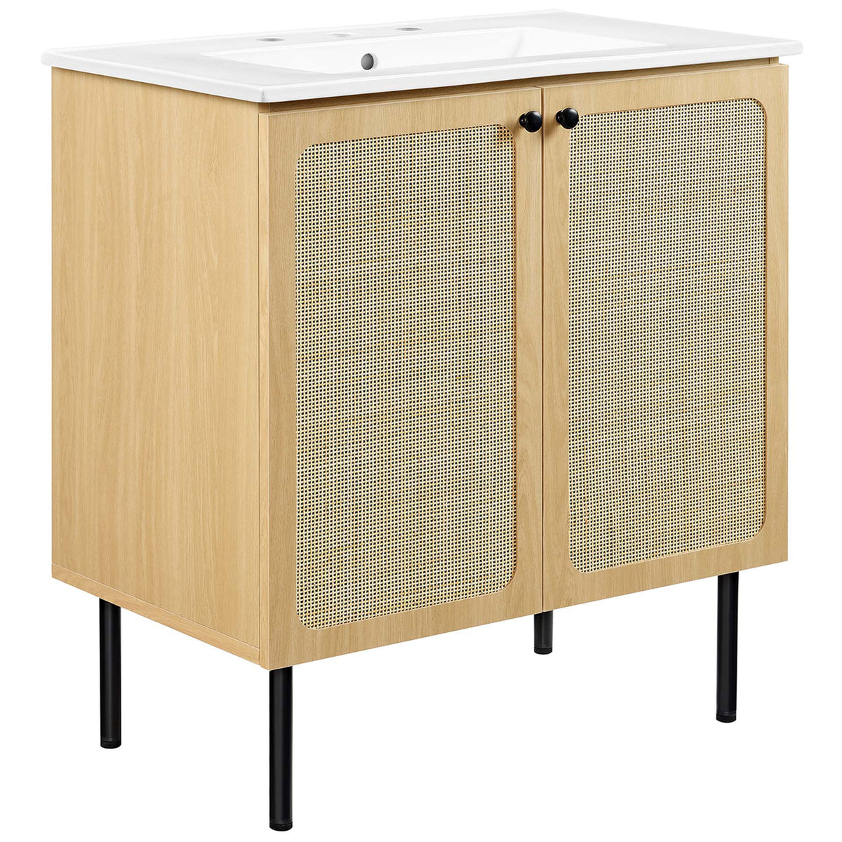 Breezy oak vanity with rattan doors, round black knobs, and integrated ceramic sink || EEI-6695-OAK-WHI || front_angle_studio