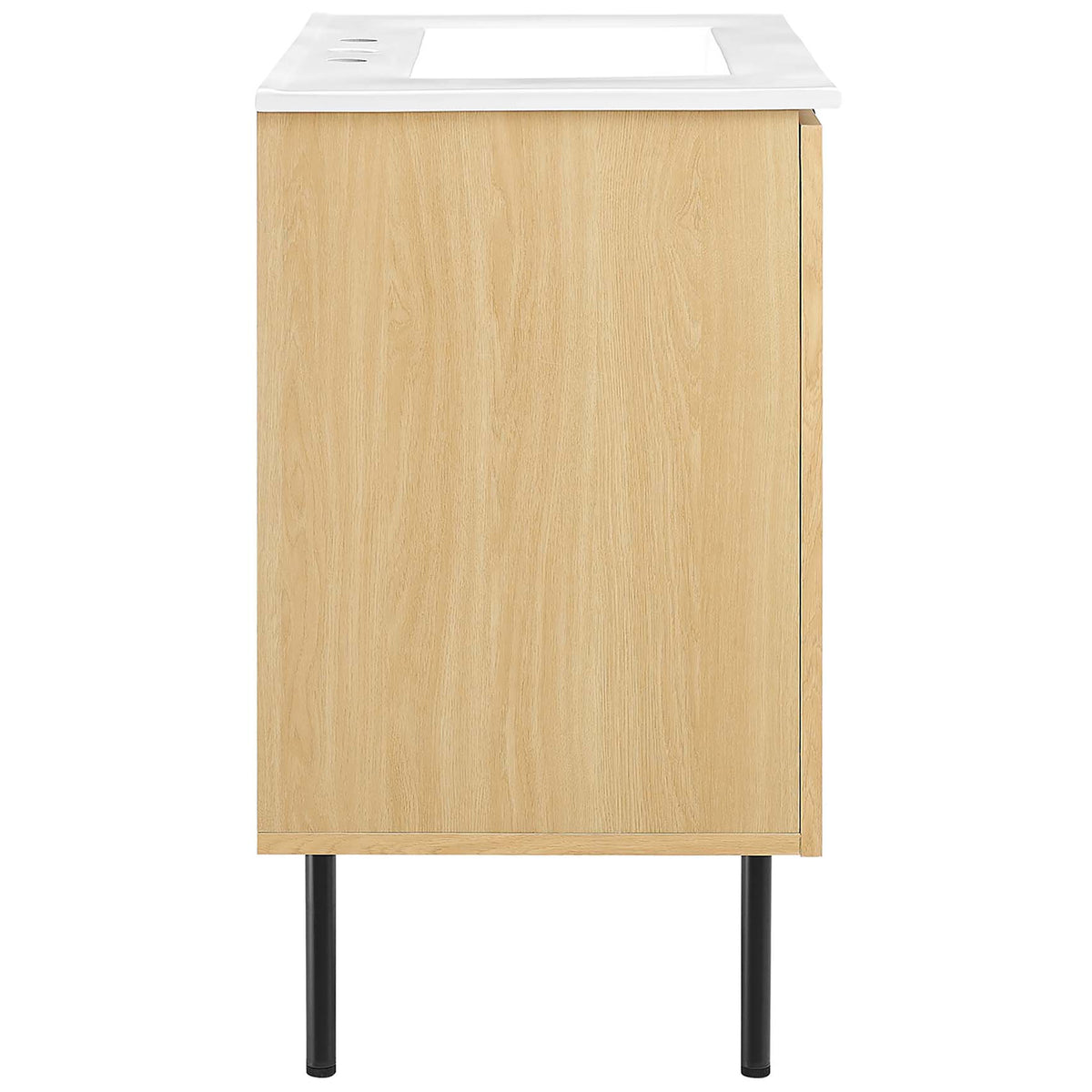 Refined side profile shows oak grain finish and slim black legs || EEI-6695-OAK-WHI || side_studio