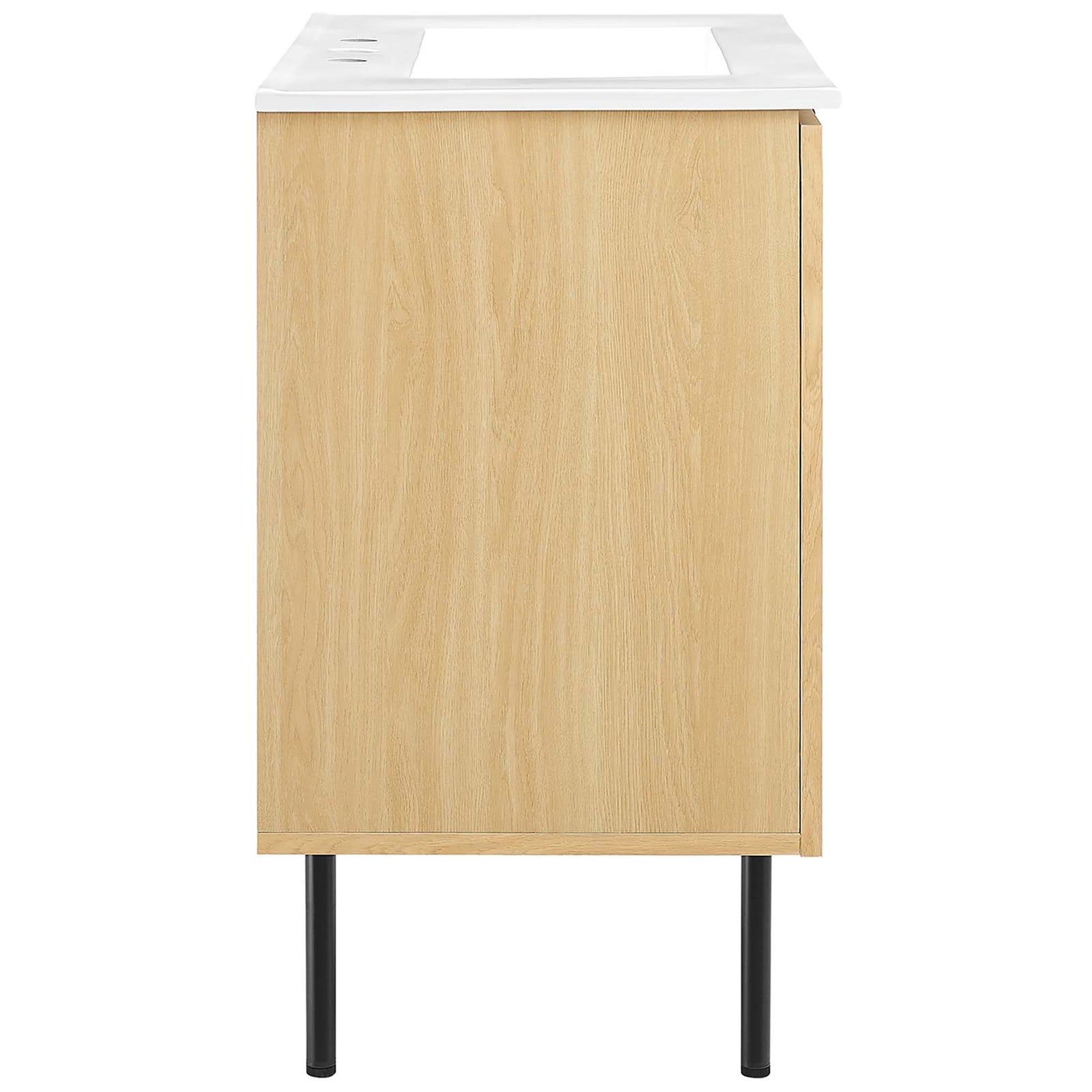 Refined side profile shows oak grain finish and slim black legs || EEI-6695-OAK-WHI || side_studio