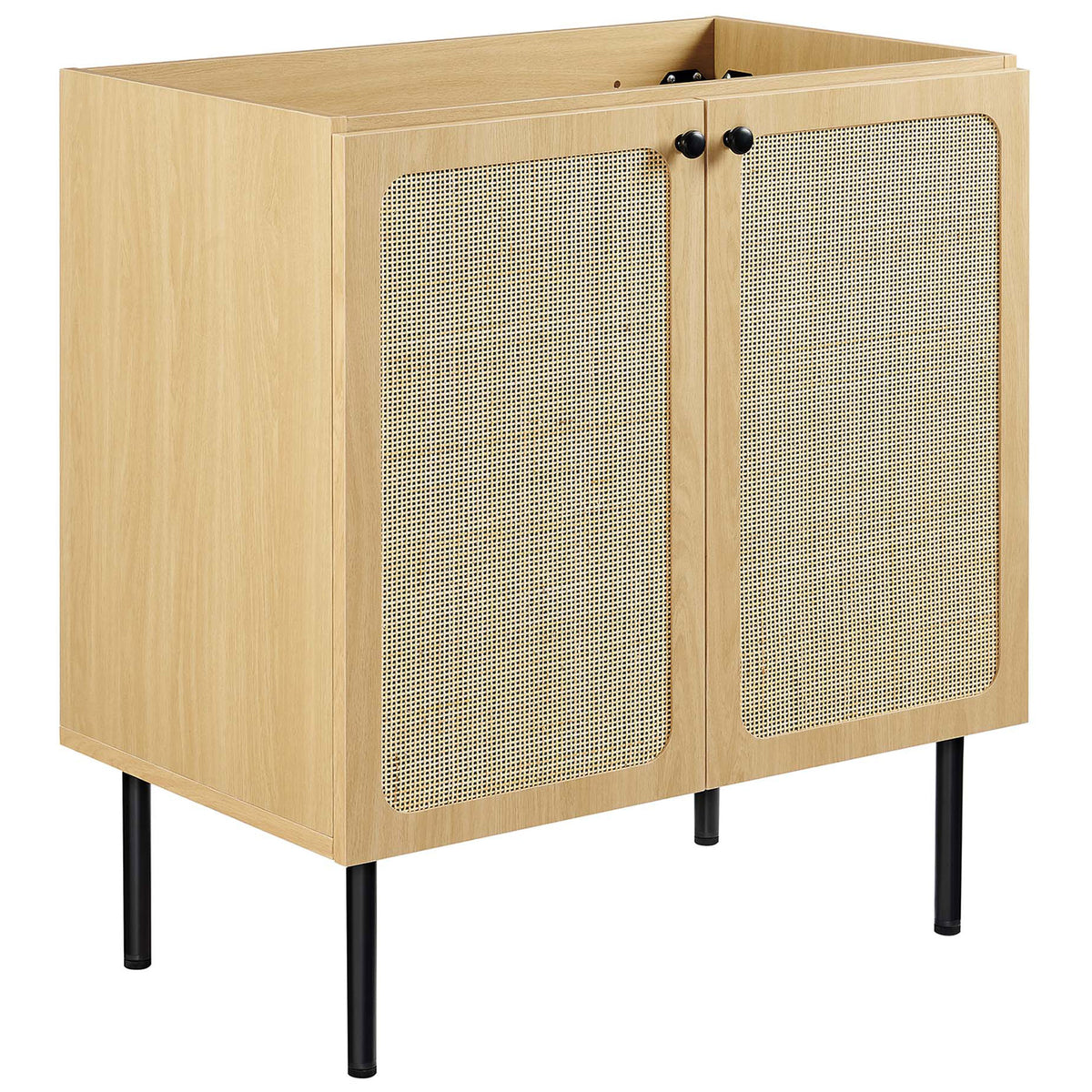 Oak cabinet highlights airy rattan door panels and clean, modern lines || EEI-6695-OAK-WHI || front_angle_partial_studio