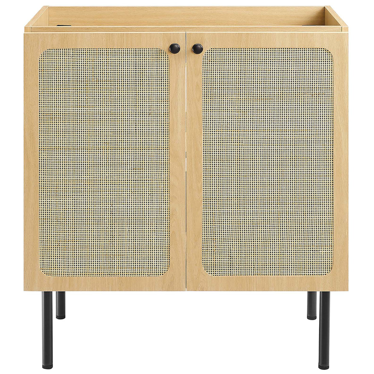 30 inch oak vanity cabinet with woven rattan doors, black knobs, and slim metal legs || EEI-6695-OAK-WHI || front_partial_studio