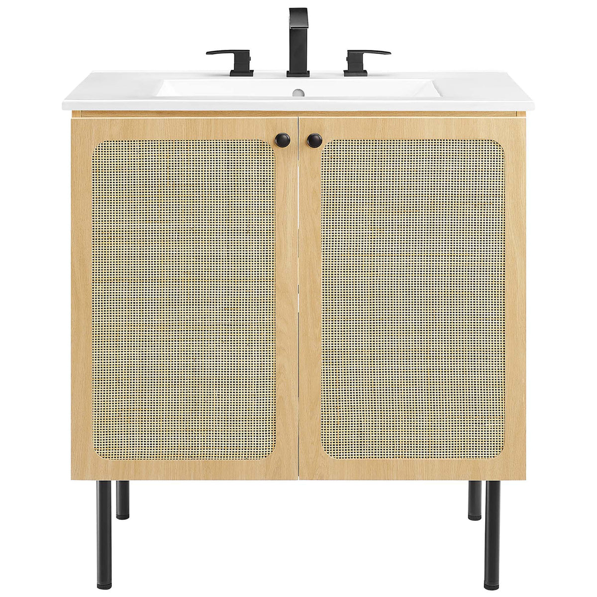 30 inch oak vanity pairs rattan doors with a crisp ceramic sink for breezy, modern style || EEI-6695-OAK-WHI || front_studio