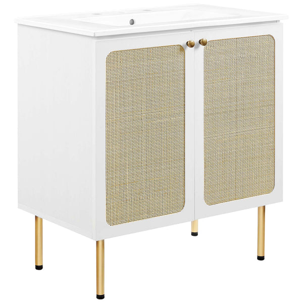 Cane-textured door fronts, round knobs, and slim brass-tone legs on a crisp white base || EEI-6695-WHI-WHI || front_angle_studio