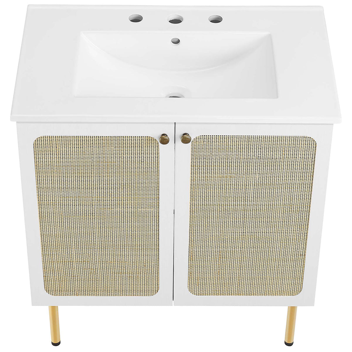 Rectangular ceramic basin with three-hole widespread deck and ample counter area || EEI-6695-WHI-WHI || top_angle_studio