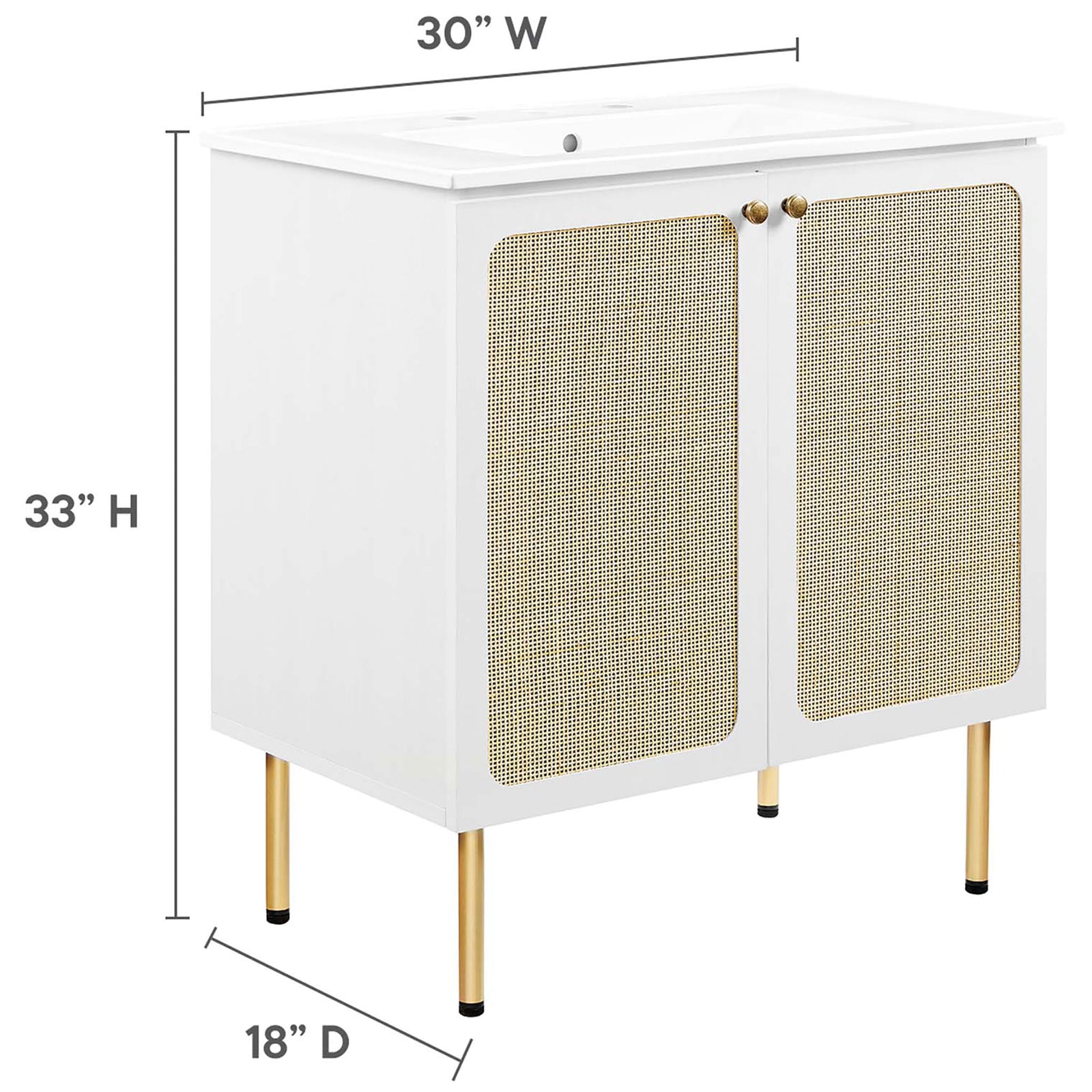 Size diagram listing overall width, depth, and height of the vanity and sink || EEI-6695-WHI-WHI || dimension_studio