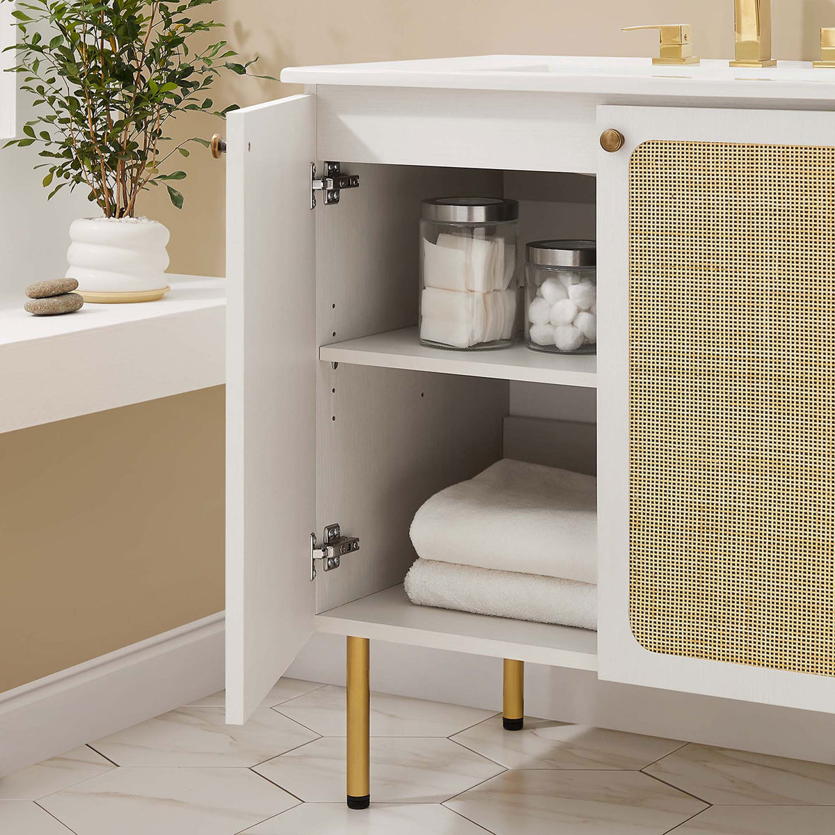 Adjustable shelf keeps bathroom essentials organized behind double doors || EEI-6695-WHI-WHI || storage_open_room