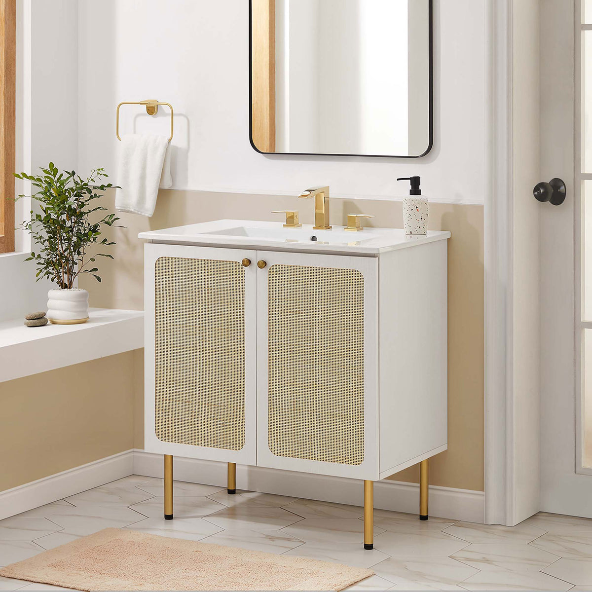Textured vanity brings warmth and brass accents to the bath space || EEI-6695-WHI-WHI || front_room
