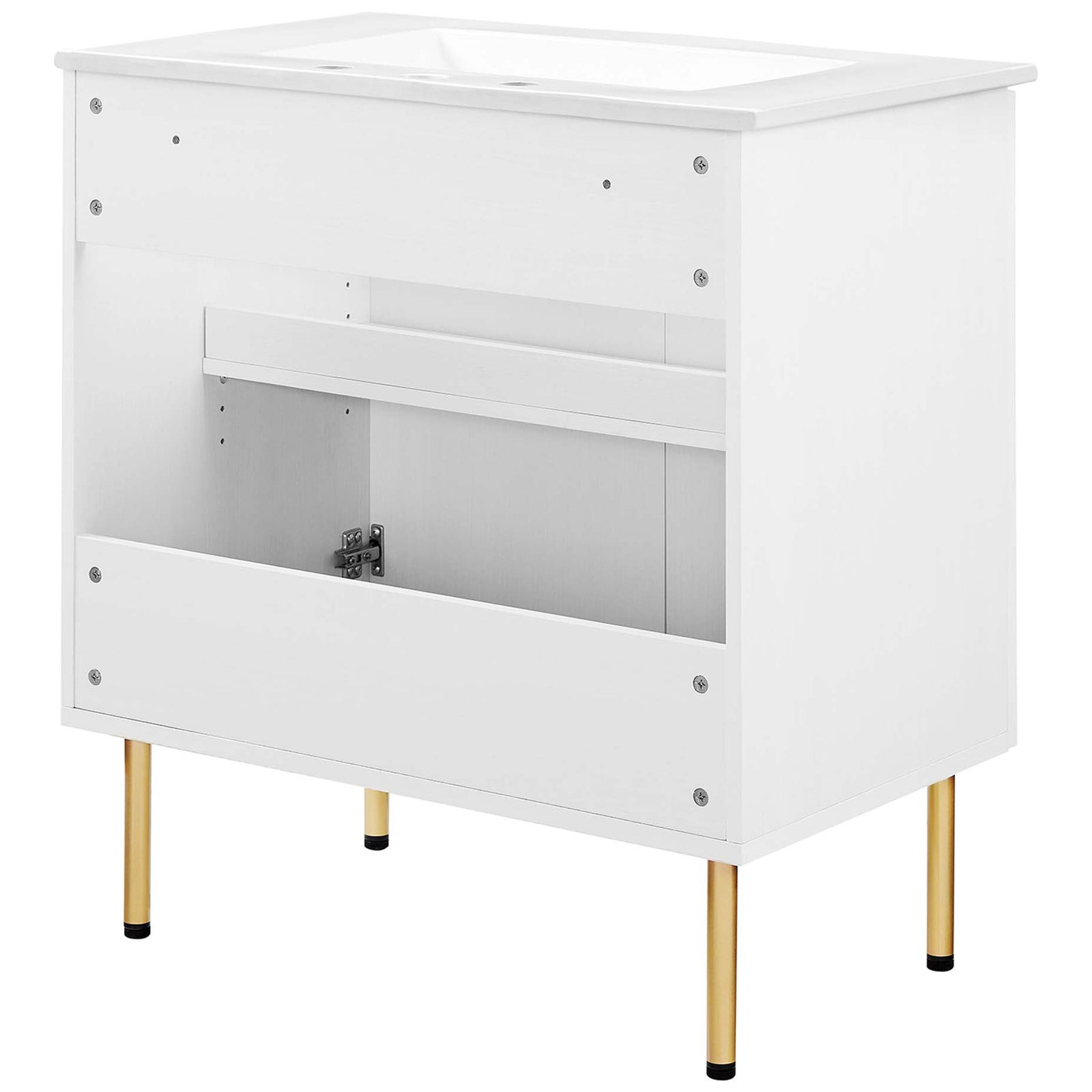 Rear access opening for plumbing within a sturdy cabinet on brass-tone legs || EEI-6695-WHI-WHI || back_angle_studio