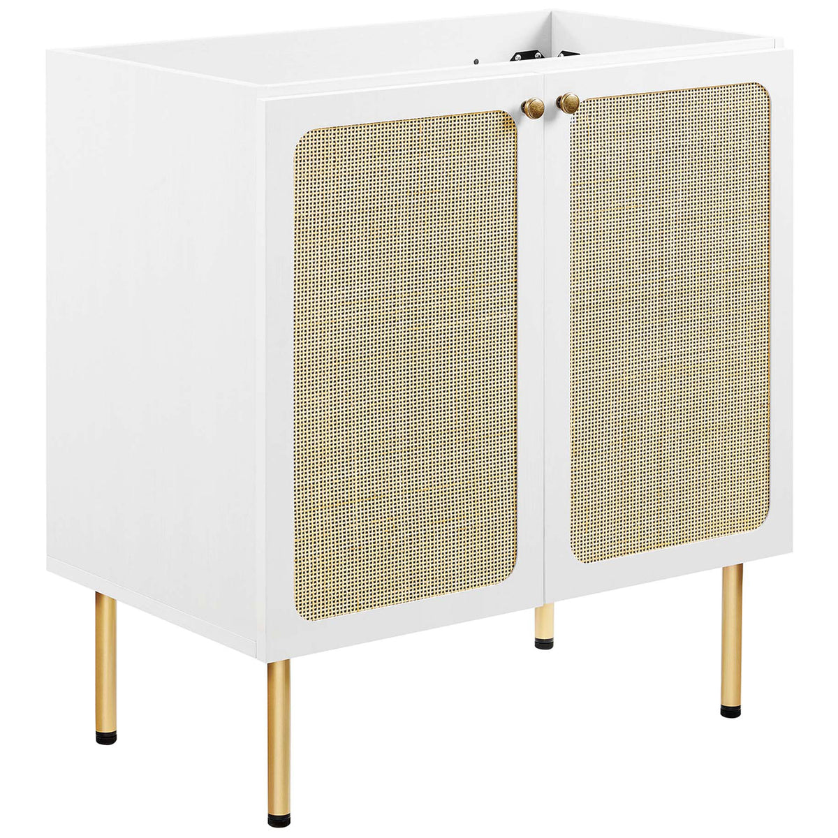 Airy rattan door panels and round metal knobs define the cabinet's relaxed style || EEI-6695-WHI-WHI || front_angle_partial_studio
