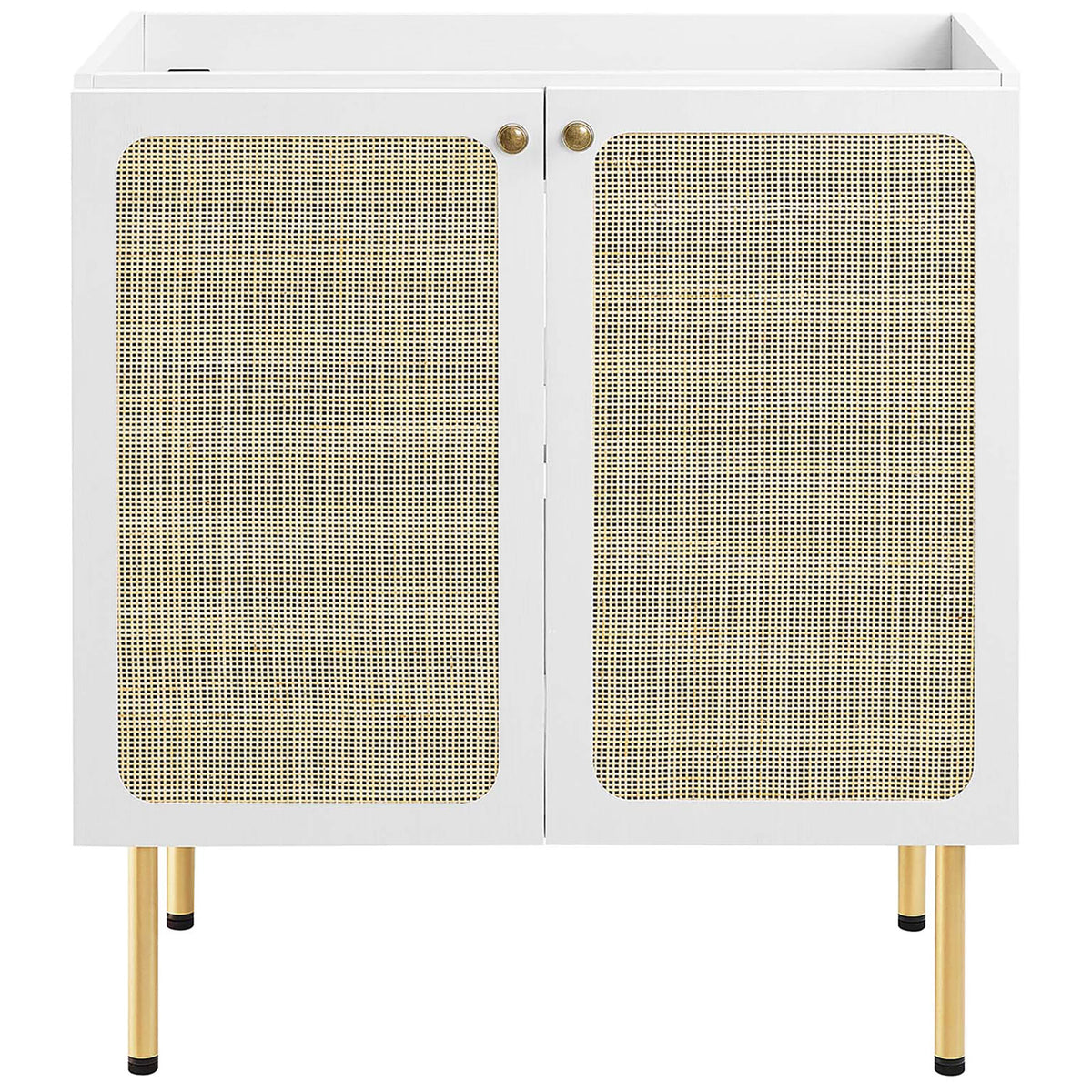 White vanity cabinet features rattan-weave doors and brass knobs on tall legs || EEI-6695-WHI-WHI || front_partial_studio