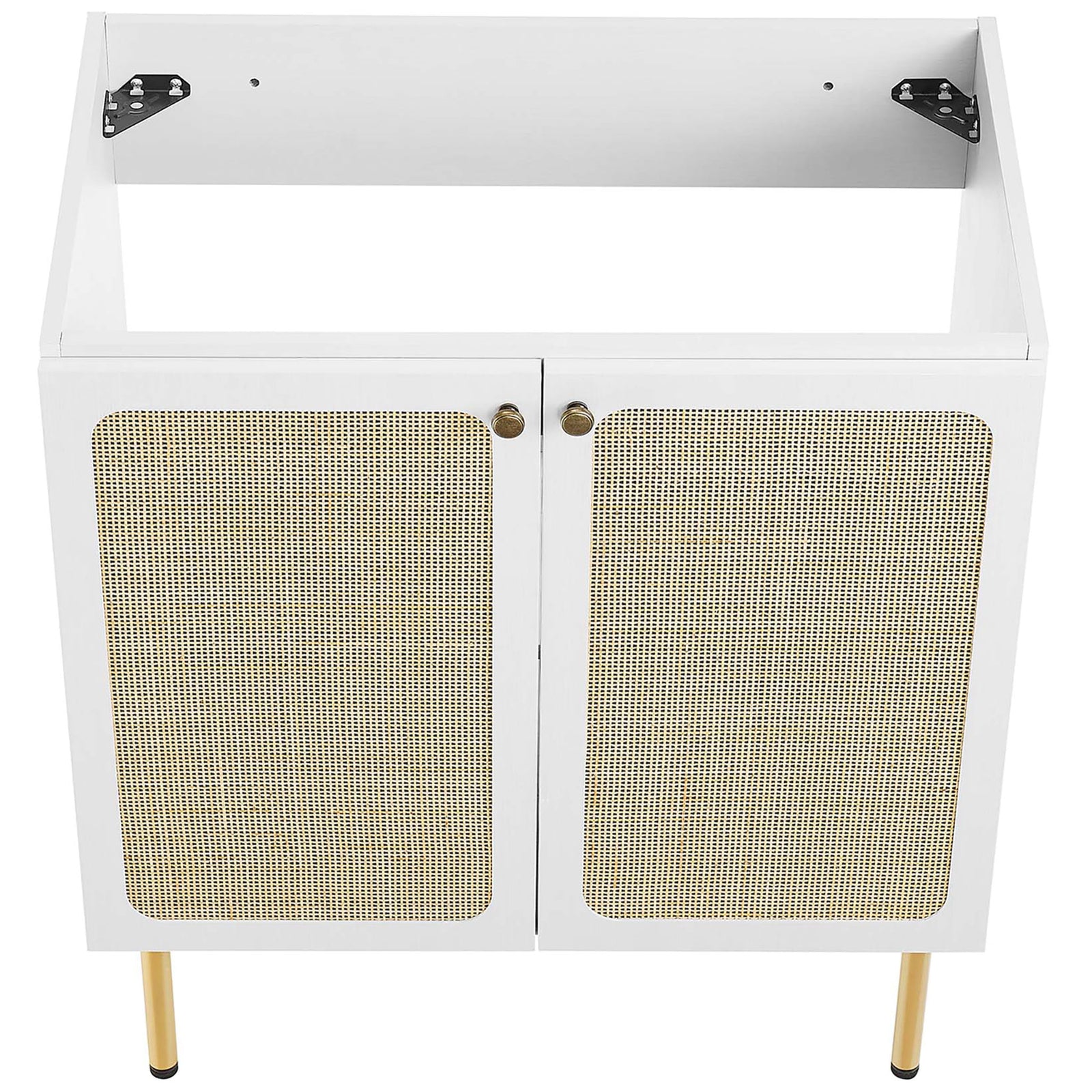 Open-top cabinet ready for sink, with twin rattan doors below || EEI-6695-WHI-WHI || top_angle_partial_studio