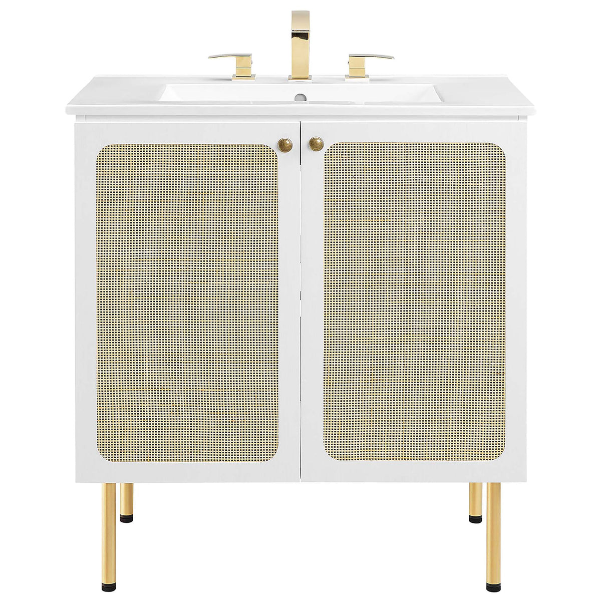 White 30-inch vanity with rattan-weave doors, brass-tone legs, and integrated ceramic sink || EEI-6695-WHI-WHI || front_studio