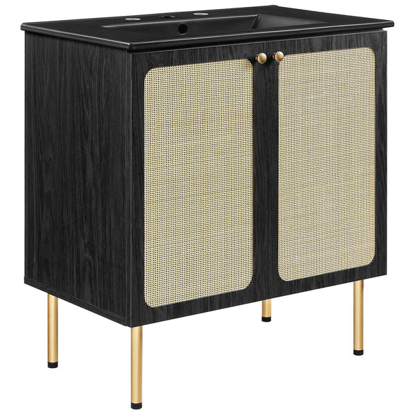 Black wood-grain vanity pairs airy cane doors with slim gold legs and a sleek sink || EEI-6696-BLK-BLK || front_angle_studio