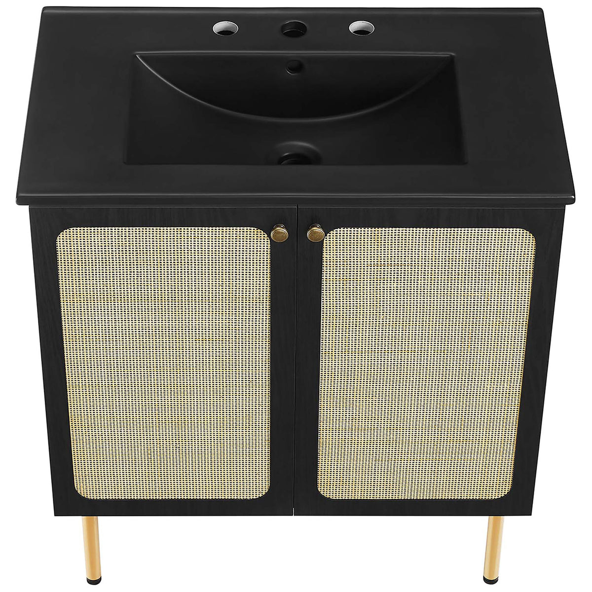 Flat-deck black sink with gently curved bowl over a cane-front cabinet || EEI-6696-BLK-BLK || top_angle_studio