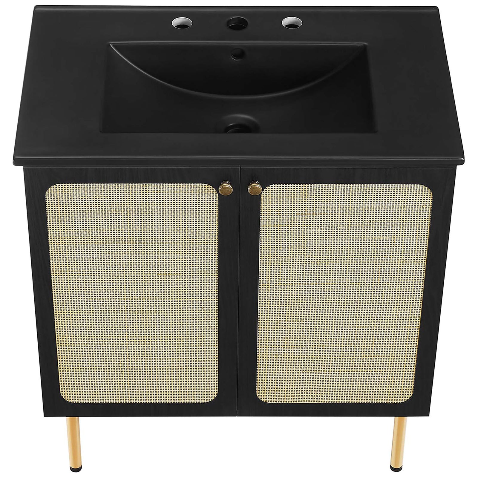 Flat-deck black sink with gently curved bowl over a cane-front cabinet || EEI-6696-BLK-BLK || top_angle_studio