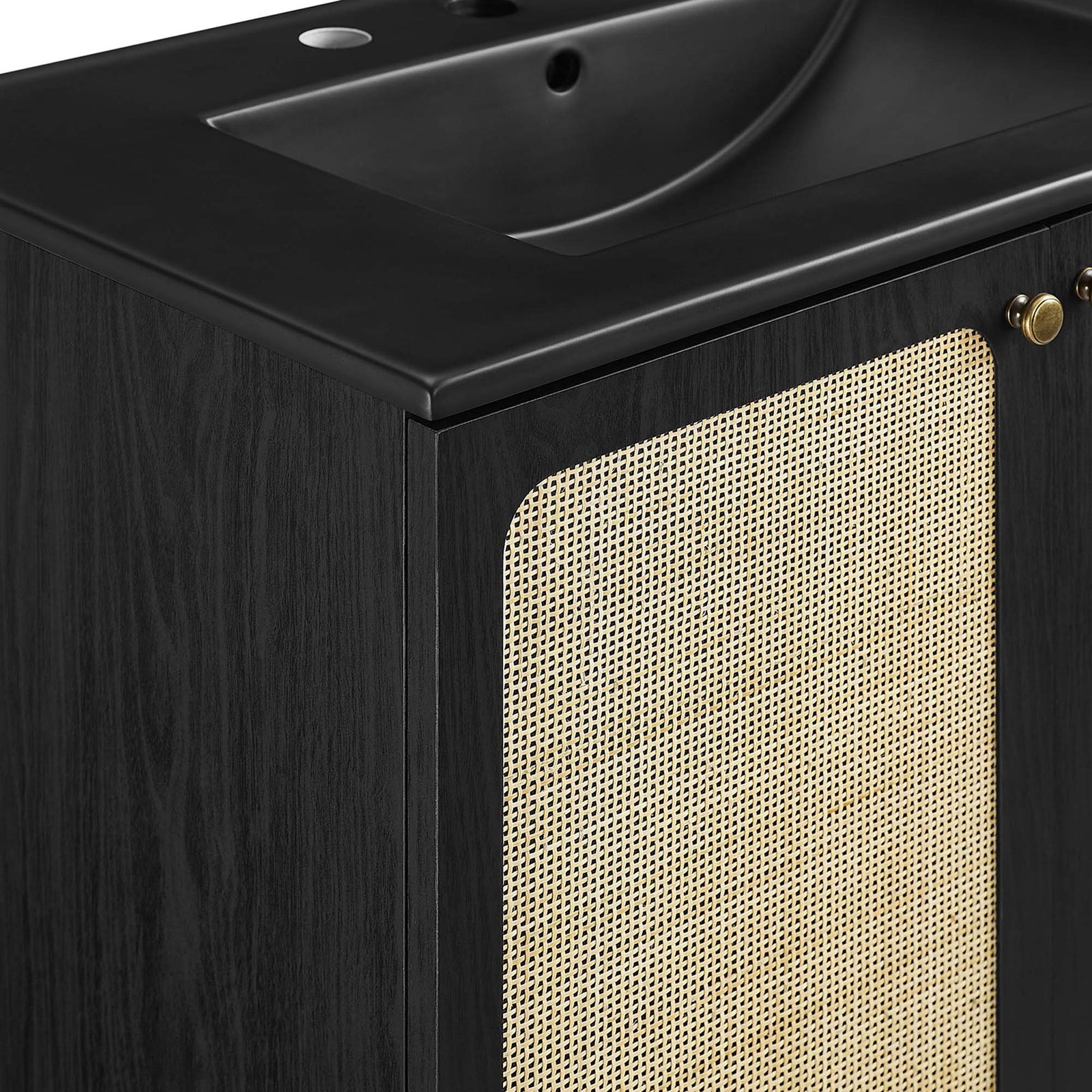 Cane weave texture meets smooth black countertop for bold contrast || EEI-6696-BLK-BLK || detail_studio