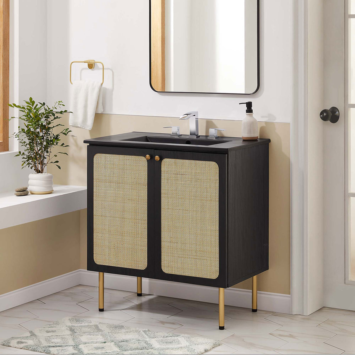 Elevated bathroom look with black wood grain, cane doors, and gold accents || EEI-6696-BLK-BLK || front_angle_room