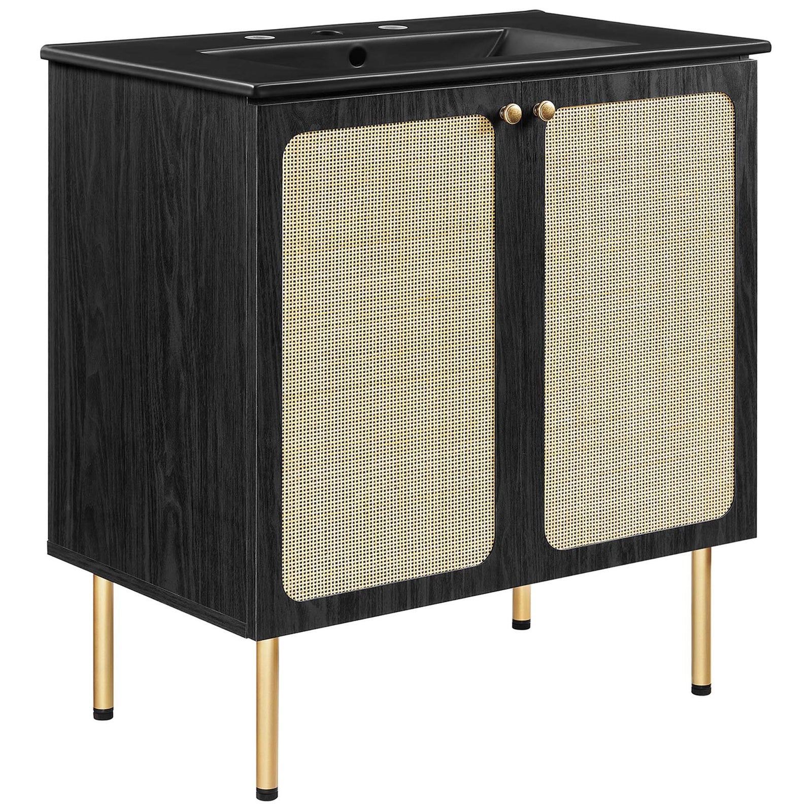 Black wood-grain vanity pairs airy cane doors with slim gold legs and a sleek sink || EEI-6696-BLK-BLK || front_angle_studio