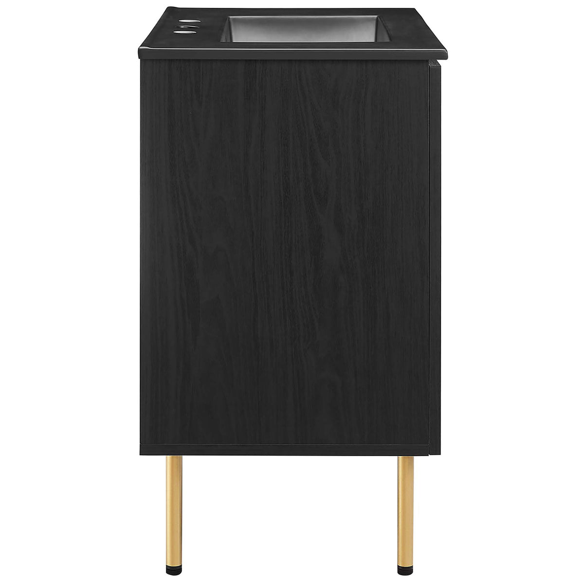 Refined cabinet profile with gold-tone legs and a matte black countertop basin || EEI-6696-BLK-BLK || side_studio