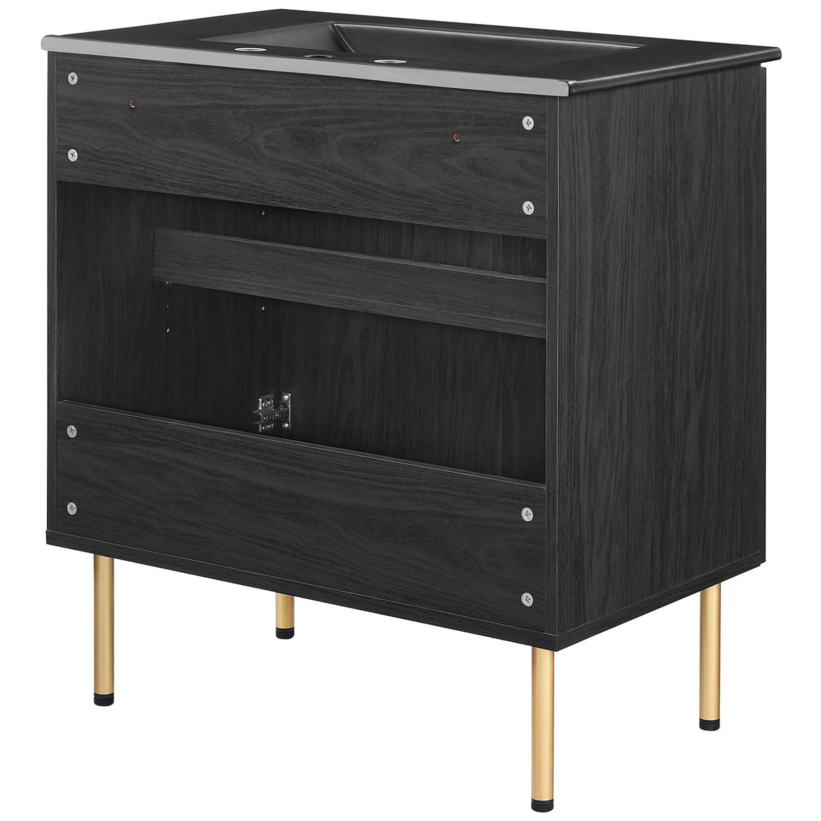 Convenient open-back cabinet for plumbing access with sturdy gold legs || EEI-6696-BLK-BLK || back_angle_studio
