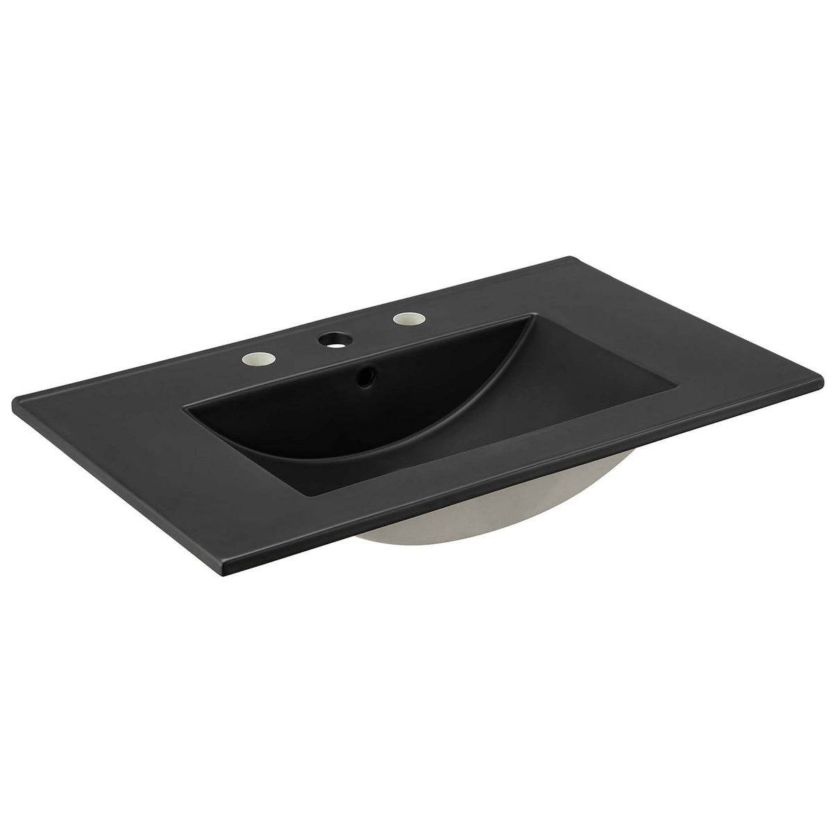 Sleek black ceramic sink with crisp edges and predrilled faucet holes || EEI-6696-BLK-BLK || front_angle_partial_studio