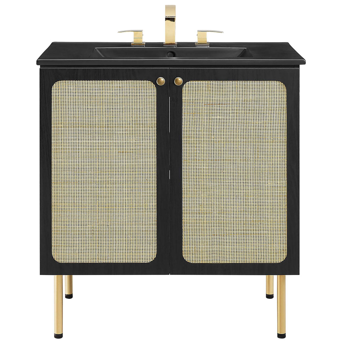 30-inch black vanity with cane doors, brass knobs, and an integrated black ceramic sink || EEI-6696-BLK-BLK || front_studio