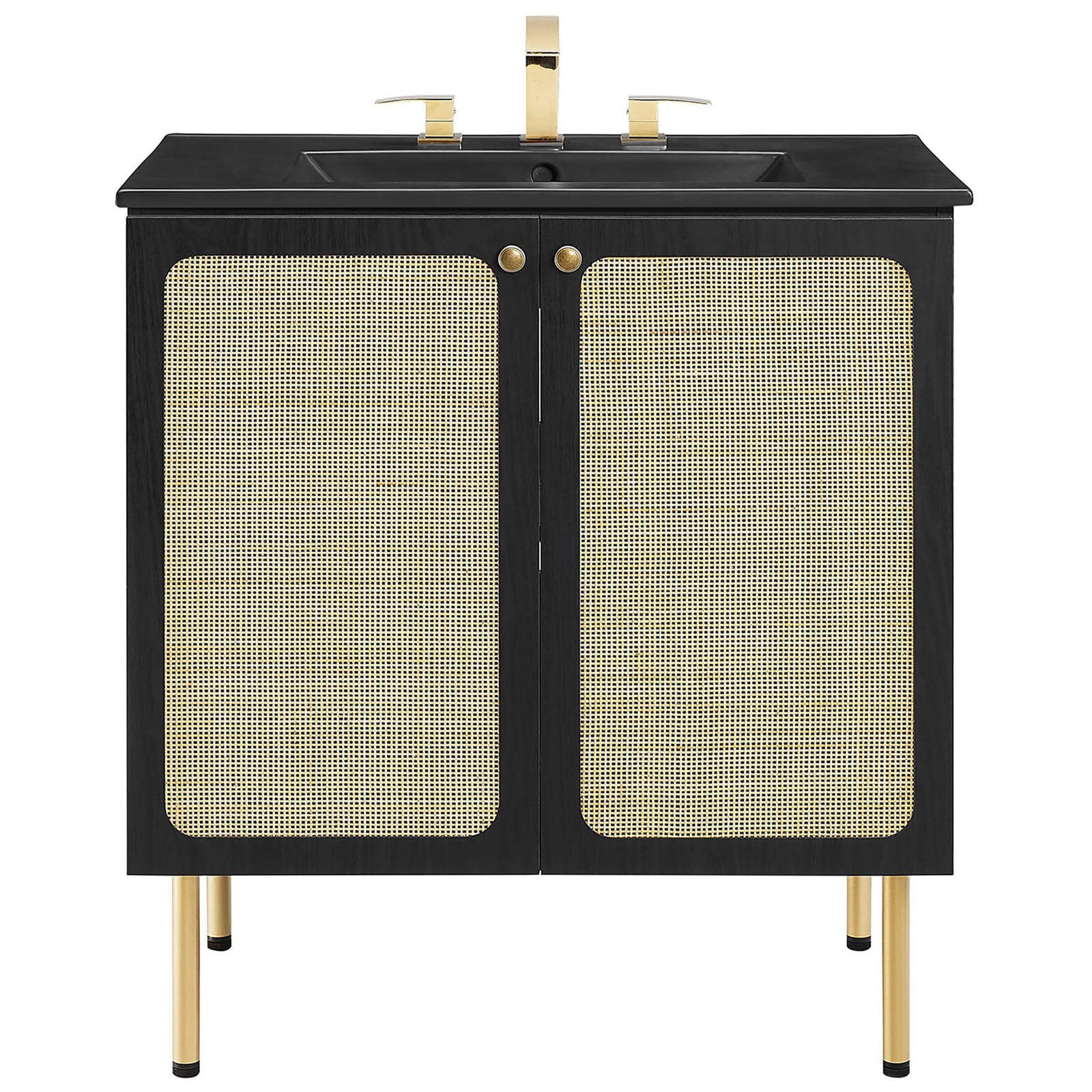 30-inch black vanity with cane doors, brass knobs, and an integrated black ceramic sink || EEI-6696-BLK-BLK || front_studio