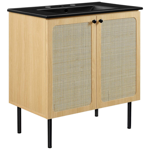 Textured rattan doors and round knobs elevate this mid-century inspired vanity. || EEI-6696-OAK-BLK || front_angle_studio